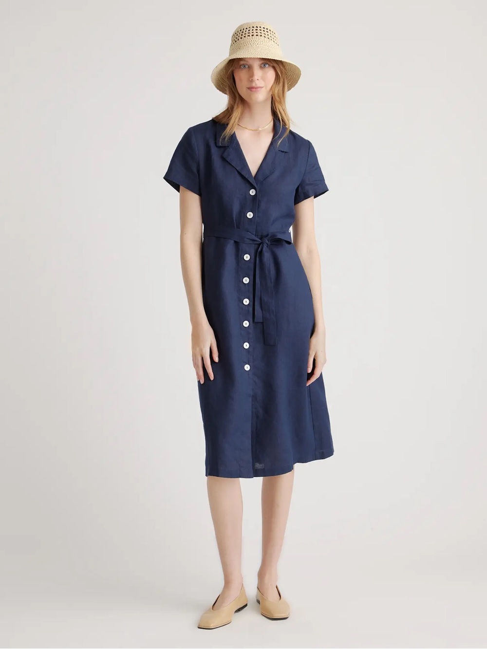 Quince NWT European Linen Button Front Dress Navy Blue